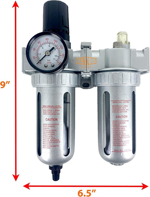 1/4" NPT Mid Flow Compressed Air In Line Filter Regulator Lubricator Oiler Combo Piggyback, Poly Bowl And Metal Body, 5 Micron Element, Adjustable From 7 to 145 PSI (AUTO DRAIN)
