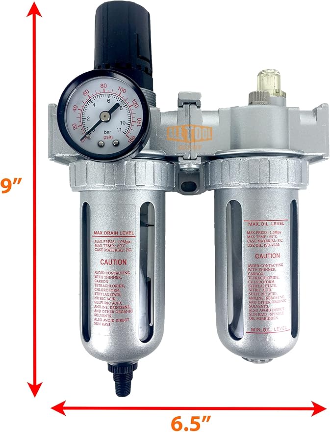 1/2" NPT Mid Flow Compressed Air In Line Filter Regulator Lubricator Oiler Combo Piggyback, Poly Bowl And Metal Body, 5 Micron Element, Adjustable From 7 to 145 PSI (AUTO DRAIN)