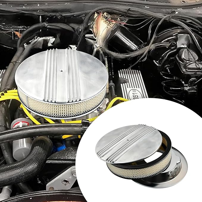 14 x 3 Inch Round Polished Air Cleaner Kit Half Finned Drop Base Compatible with Chevy Ford GM