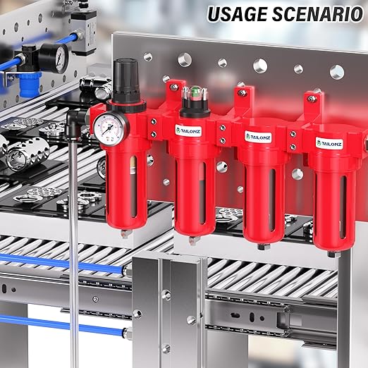 TAILONZ PNEUMATIC 0-150PSI 1/2 Inch NPT Red Industrial Grade 4 Stage Air Drying System, Particulate Filter, Coalescing Filter, Double Desiccant Dryer and Air Regulator (Manual Drainage)