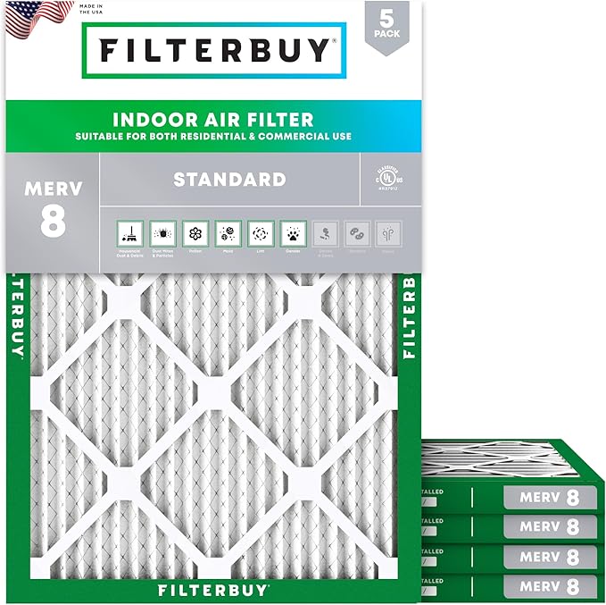 Filterbuy 20x23x1 Air Filter MERV 8 Essential Dust & Allergy Defense (5-Pack), Electrostatic Pleated HVAC AC Furnace Filters Replacement, Made in USA (Actual Size: 19.50 x 22.50 x 0.75)