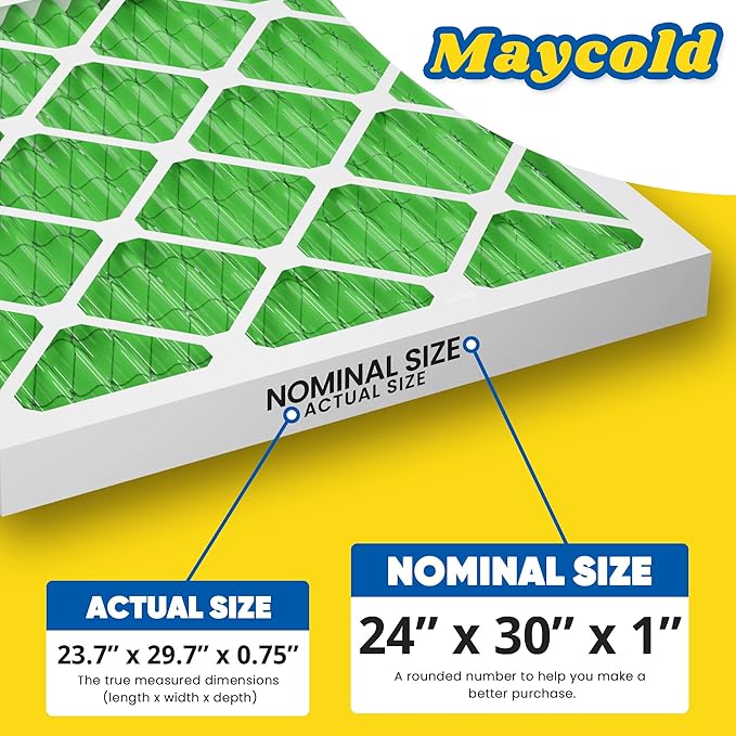 Maycold 24x30x1 MERV 13 Furnace Air Filter (2-Pack), High-Performance HVAC AC Filters for Home Use, Actual Size: 23.7" x 29.7" x 0.75", Individually Wrapped in Plastic