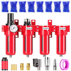 TAILONZ PNEUMATIC 0-150PSI 1/4 Inch NPT Red Industrial Grade 4 Stage Air Drying System, Particulate Filter, Coalescing Filter, Double Desiccant Dryer and Air Regulator (Manual Drainage)