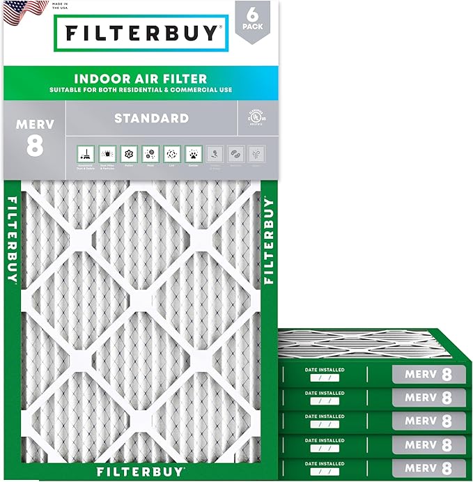 Filterbuy 19.5x35.5x1 Air Filter MERV 8 Essential Dust & Allergy Defense (6-Pack), Electrostatic Pleated HVAC AC Furnace Filters Replacement, Made in USA (Actual Size: 19.50 x 35.50 x 0.75)