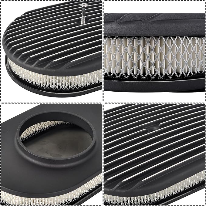 12" Air Cleaner Kit Black Aluminum Oval Full Finned Compatible with Classic Chevy Ford