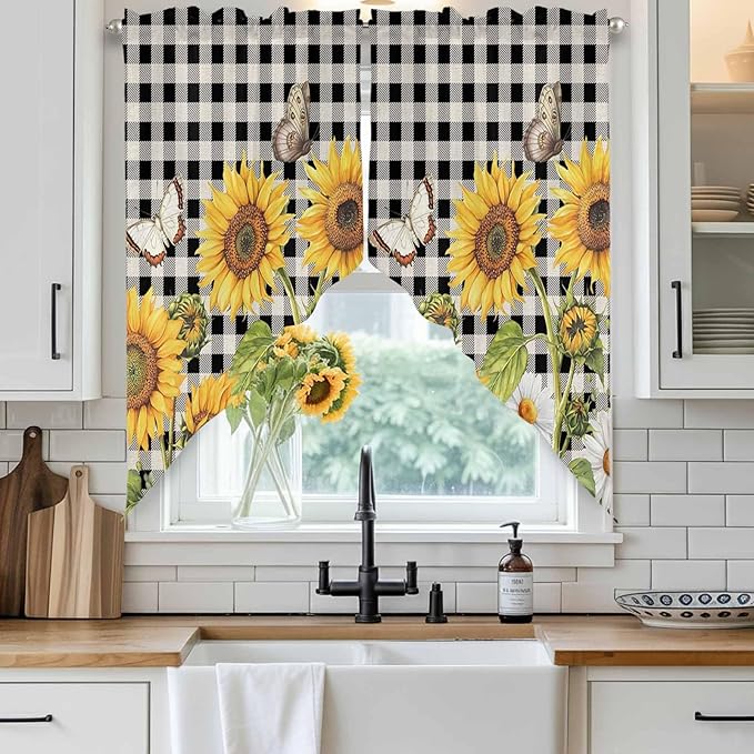 Sunflowers Swag Valances for Windows, Yellow Flowers Butterfly Farmhouse Black Plaid Rod Pocket Kitchen Curtains Valance, Kitchen Window Curtains Swag for Cafe Living Room, 2 Panels, 36x63 inch
