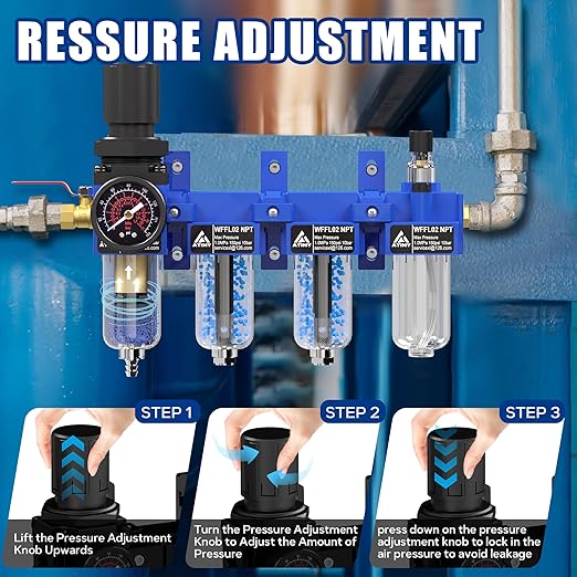1/4"NPT Air Filter Regulator Lubricator Combo, Air Regulator and Water Separator,Air Compressor Water Separator,5 Micron Brass Filter Cartridge,Double Desiccant Dryers-Blue