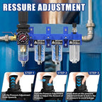 1/4"NPT Air Filter Regulator Lubricator Combo, Air Regulator and Water Separator,Air Compressor Water Separator,5 Micron Brass Filter Cartridge,Double Desiccant Dryers-Blue