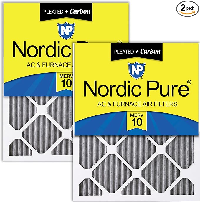 Nordic Pure 25x25x1 (Actual Size: 24 1/2 x 24 1/2 x 3/4) Furnace Air Filters MERV 10 Pleated Plus Carbon 2 Pack