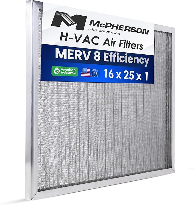 McPherson Reusable Air Filter 25x16x1 | Washable MERV 8 | Made in USA Metal Frame | HVAC AC Furnace | Permanent | Pet Dust Filtration