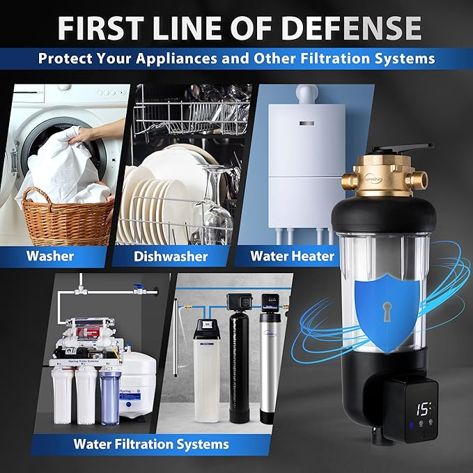 iSpring WSP50ARJ-BP Whole House Prefilter, Spin-Down Sediment Water Filter with Bypass, Upgraded Clear Housing, Jumbo Size, Flushable and Reusable, Touch-Screen Auto Flushing, 4 Modes, 50 Microns