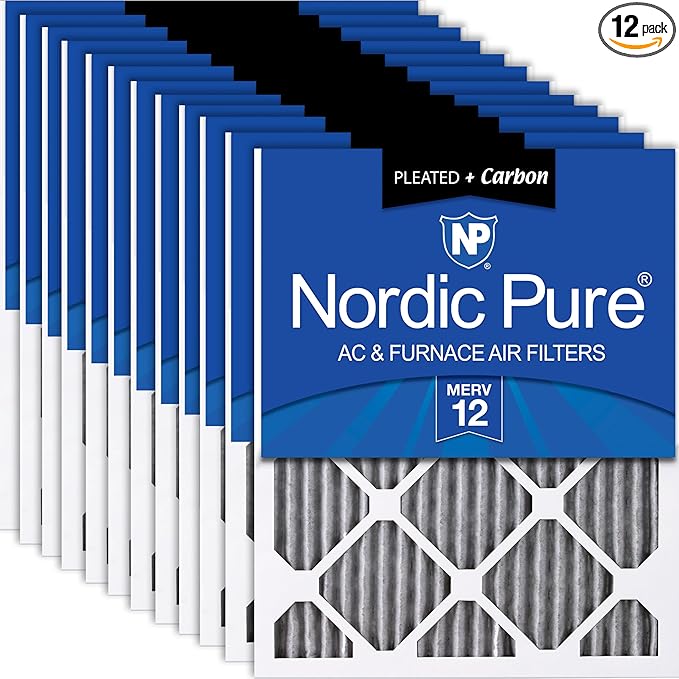 Nordic Pure 16x20x1 (Actual Size: 15 1/2 x 19 1/2 x 3/4) Furnace Air Filters MERV 12 Pleated Plus Carbon 12 Pack