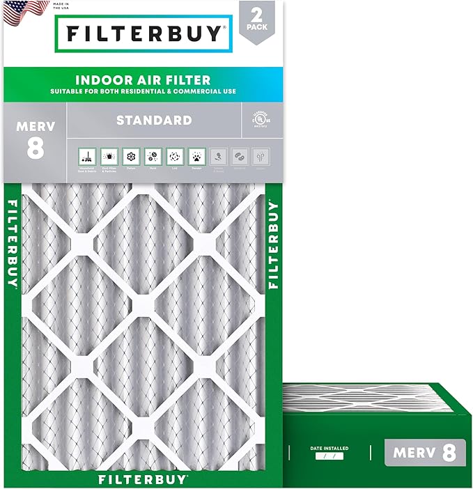 Filterbuy 12x25x4 Air Filter MERV 8 Essential Dust & Allergy Defense (2-Pack), Electrostatic Pleated HVAC AC Furnace Filters Replacement, Made in USA (Actual Size: 11.50 x 24.50 x 3.63)