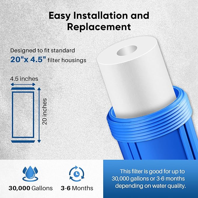 PUREPLUS 20 Micron 20" x 4.5" Whole House Sediment Home Water Filter Replacement Cartridge, Compatible with DGD-5005-20, AP810-2, P5-20BB, FP25B, FPMB5-20, 155358-43, SDC-45-2005, 4 Pack