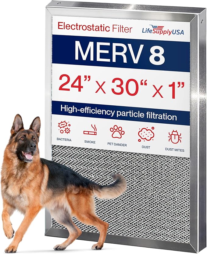 24x30x1 Electrostatic Air Filter, MERV 8, Washable, Reusable Furnace AC/HVAC Filter, Energy Saving, Easy to Clean, Long-Lasting by LifeSupplyUSA