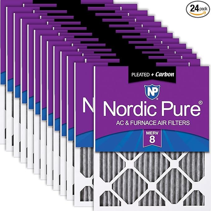 Nordic Pure 12x12x1 (Actual Size: 11 3/4 x 11 3/4 x 3/4) Furnace Air Filters MERV 8 Pleated Plus Carbon 24 Pack