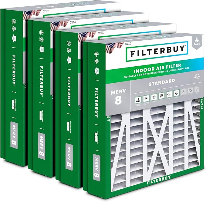 Filterbuy 21x27x5 Air Filter MERV 8 Essential Dust & Allergy Defense (4-Pack), Pleated HVAC AC Furnace Filters for Trane Perfect Fit & American Standard (Actual Size: 20.56 x 26.13 x 4.97)