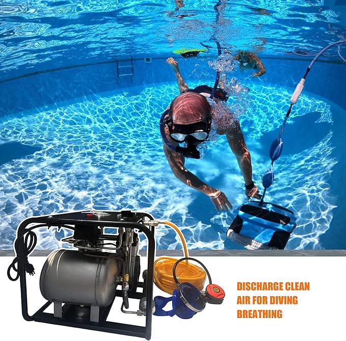 110V 1100W for Scuba Hookah Diving Air Compressor 115 PSI Electronic Pump with 1 x 50 Feet Hose & 1 x Respirator, Two Air Outlets