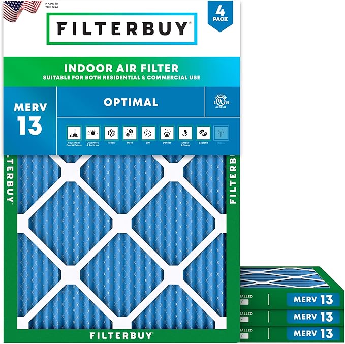 Filterbuy 24x28x1 Air Filter MERV 13 Optimal Smoke & Allergy Defense (4-Pack), Electrostatic Pleated HVAC AC Furnace Filters Replacement, Made in USA (Actual Size: 23.50 x 27.50 x 0.75)