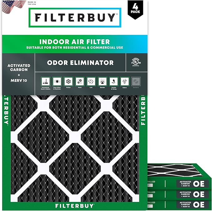 Filterbuy 16x20x1 Air Filter MERV 10 Odor & Allergy Defense with Activated Carbon (4-Pack), Electrostatic Pleated HVAC AC Furnace Filters Replacement, Made in USA (Actual Size: 15.50 x 19.50 x 0.75)