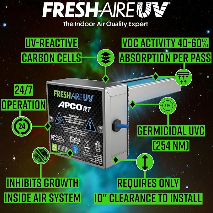 Fresh-Aire UV Fresh-Aire APCO Compact HVAC UV Air Purifier w/Carbon Matrix and Remote Power Supply, Includes 2 Year UVC Lamp, 18-32 VAC