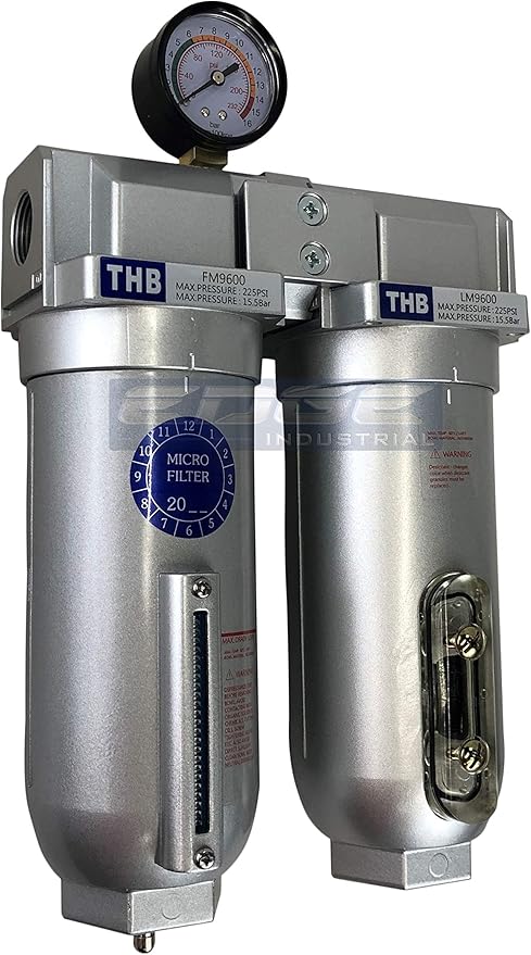 2 STAGE INDUSTRIAL GRADE IN-LINE COALESCING FILTER & DESICCANT AIR DRYER COMBINATION WITH 11oz METAL BOWLS FOR SPRAY GUN EQUIPMENT PAINT BOOTH COMPRESSOR, PLASMA CUTTER (1/2" NPT, MANUAL DRAIN)