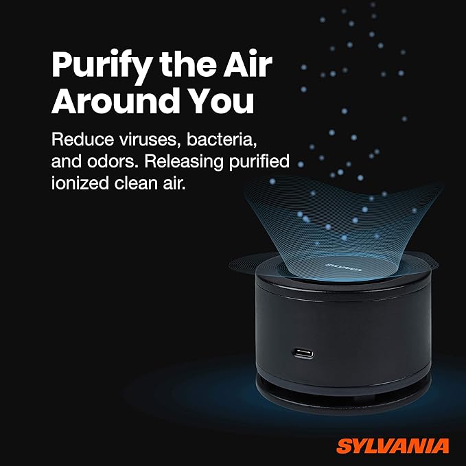 SYLVANIA - Airzing Mini Air Purifier - Vehicle, Car, Home, Office - Air Ionizer, USB-C powered, Reduces Odors, Smoke, Pets Dandruff, Reusable Filter, Portable, Quiet, UV Light, DC 5V, 0.5A
