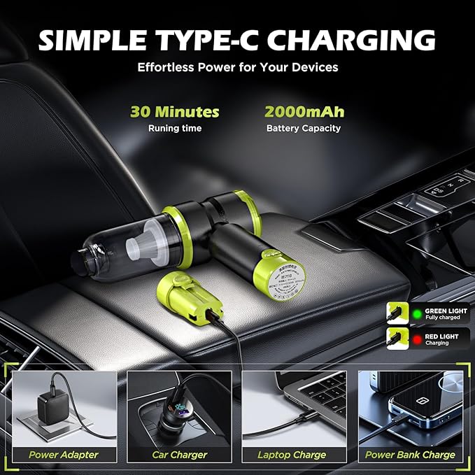 Handheld Car Vacuum with 15000PA Power, 4 in 1 Powerful Cordless Vacuum Cleaner & Air Duster with 2000mAh Battery, Rechargeable Portable Mini Hand Held Vacuum for Car,Home,Office,Pet Hair（Green）