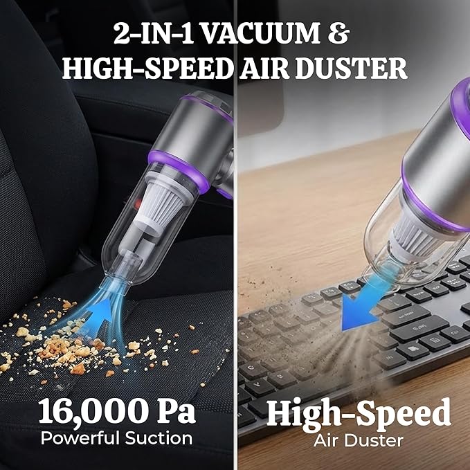 OMEO Vacuum & Air Duster 80,000RPM Super Power Mini Car Vacuum Cleaner 4-in-1 | Air Blower Gun & Air Duster & Pump | Handheld Electric Dust Blower for Home & Office – Cordless (Purple)