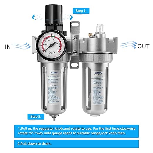 NANPU 1/2" NPT Air Filter Pressure Regulator Lubricator Dryer Gauge Kit Water/Oil Trap Separator 3 in 1 Twin Unit