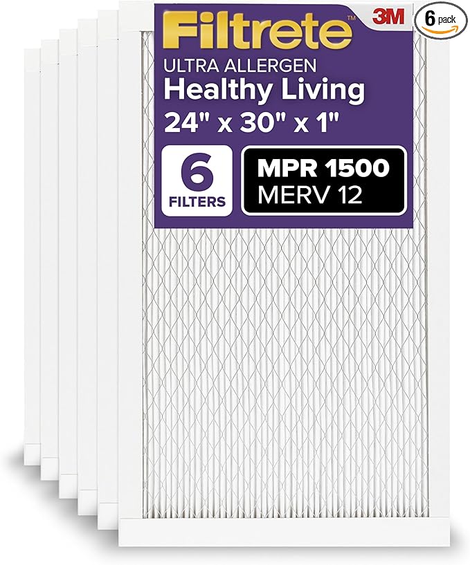Filtrete 24x30x1 AC Furnace Air Filter, MERV 12, MPR 1500, CERTIFIED asthma & allergy friendly, 3 Month Pleated 1-Inch Electrostatic Air Cleaning Filter, 6-Pack (Actual Size 23.81x29.81x0.78 in)
