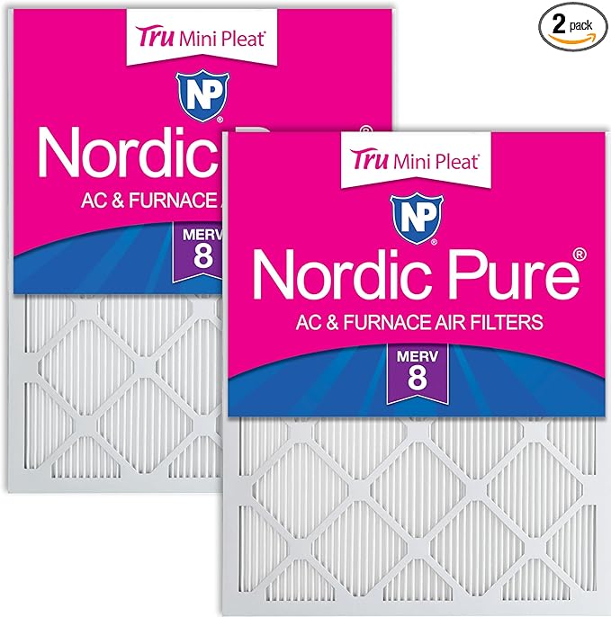 Nordic Pure 25x25x1 (Actual Size: 24 1/2 x 24 1/2 x 3/4) Tru Mini Pleat MERV 8 AC Furnace Air Filters - 2.5X More Media for Longer-Lasting, High-Efficiency Filtration - 2 Pack