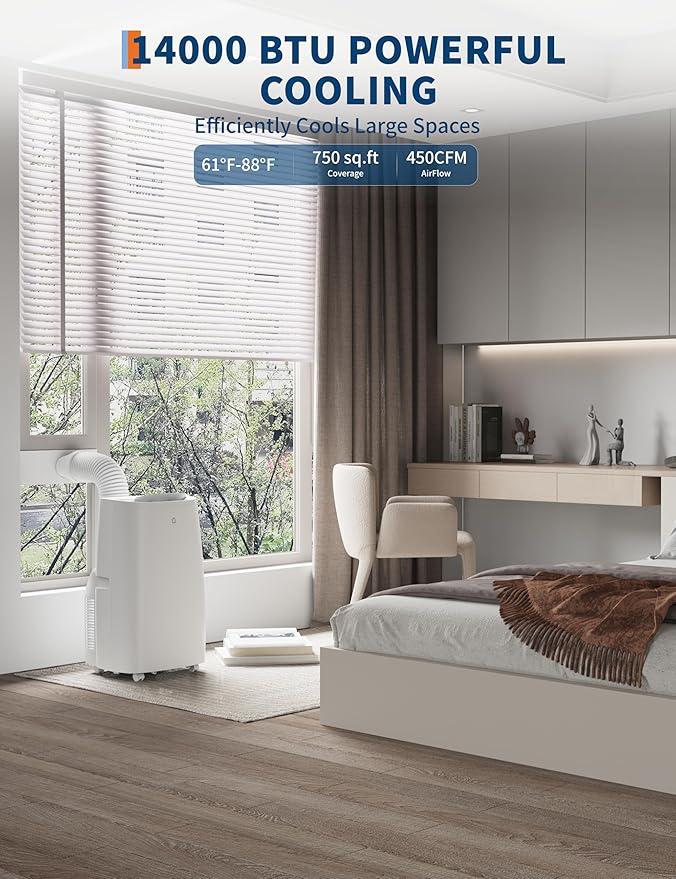 14,000 BTU Portable Air Conditioner,3 in-1 Portable AC Unit Cools/Fan/Dehumidifier up to 750 sq.ft,Ac unit with 24H Timer,Remote Control,Bedroom