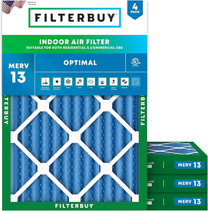 Filterbuy 25x32x2 Air Filter MERV 13 Optimal Smoke & Allergy Defense (4-Pack), Electrostatic Pleated HVAC AC Furnace Filters Replacement, Made in USA (Actual Size: 24.50 x 31.50 x 1.75)