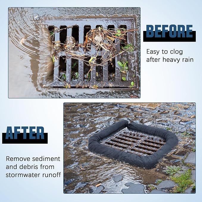 4 Pcs Sediment Filter Erosion Control Blanket Silt Fence Sock with Stuffers Drain Stormwater Sediment Filter for Erosion Control and Storm Drain Protection (Black)