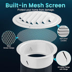 HG Power 4 Inch Soffit Vents, Stainless Steel Round Air Vent with Screen Mesh, Louver Exhaust Vent Cover for Wall Garage, Kitchen, Attic & House Ventilation, 4- Pack, White