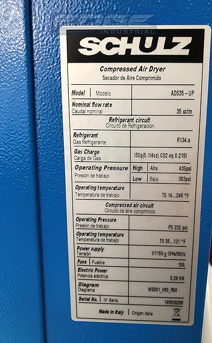 Schulz Refrigerated Air Dryer for Air Compressor, Compressed Air Systems, 35 cfm, Good for 7.5hp & 10hp Compressors (with Pre-Filter)
