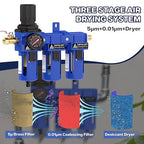 3/8 Inch NPT Three Stage Air Drying System,air Pressure Regulator with 5＆0.01 Micron Filter Cartridge，Desiccant Dryer & Air Regulator, Metal Bowl Manual Drainage-Blue