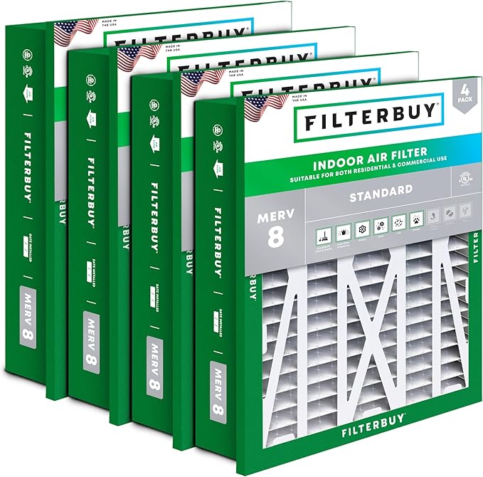 Filterbuy 20x25x5 Air Filter MERV 8 Essential Dust & Allergy Defense (4-Pack), Electrostatic Pleated HVAC AC Furnace Filters Replacement for Honeywell Return Grille (Actual Size: 18.38 x 23.38 x 3.69)