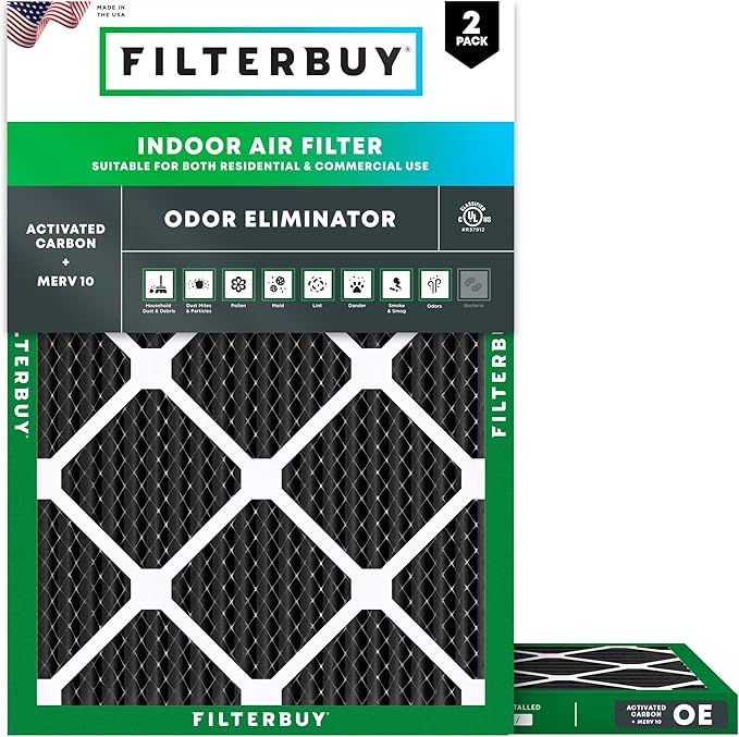 Filterbuy 12x18x1 Air Filter MERV 10 Odor & Allergy Defense with Activated Carbon (2-Pack), Electrostatic Pleated HVAC AC Furnace Filters Replacement, Made in USA (Actual Size: 11.50 x 17.50 x 0.75)