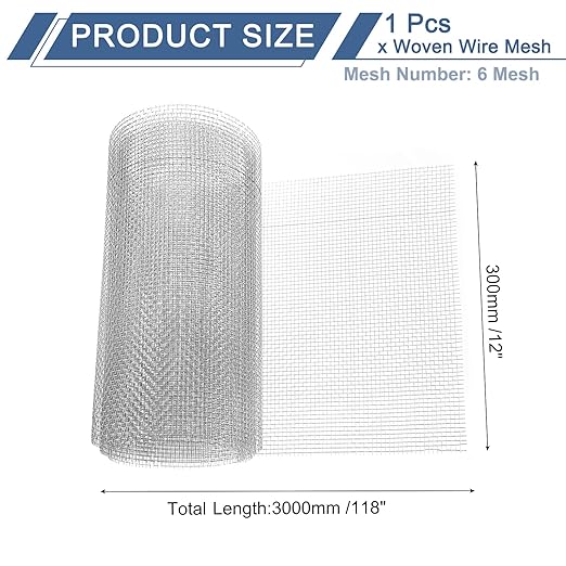 uxcell 6 Mesh 118" x 12" Woven Wire Mesh, 304 Stainless Steel Air Vent Filter Screen, Window Screen Mesh for DIY Projects Vents Cover Filtration Animals Fence