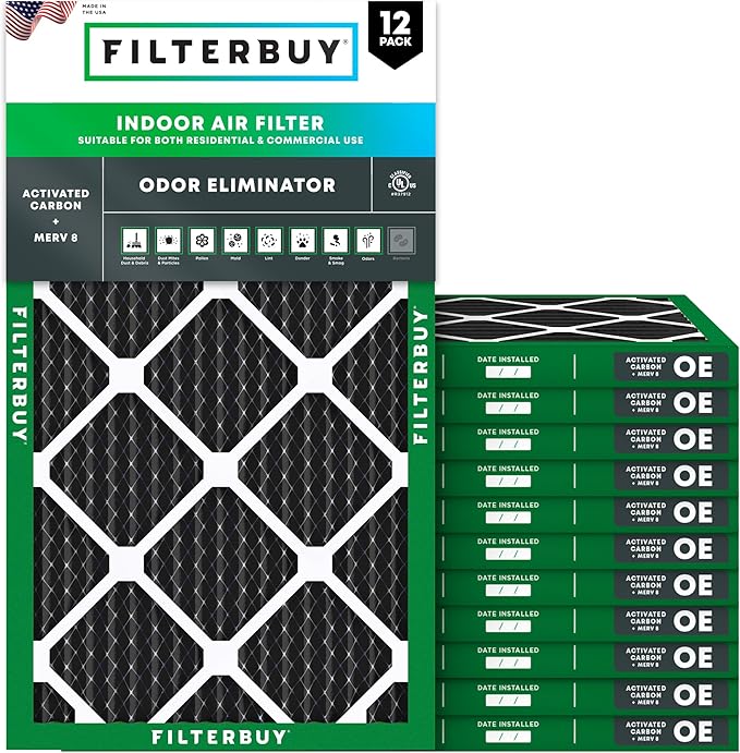 Filterbuy 22x24x1 Air Filter MERV 10 Odor & Allergy Defense with Activated Carbon (12-Pack), Electrostatic Pleated HVAC AC Furnace Filters Replacement, Made in USA (Actual Size: 21.50 x 23.50 x 0.75)