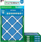 Filterbuy 14x24x1 Air Filter MERV 13 Optimal Smoke & Allergy Defense (4-Pack), Electrostatic Pleated HVAC AC Furnace Filters Replacement, Made in USA (Actual Size: 13.38 x 23.38 x 0.75)