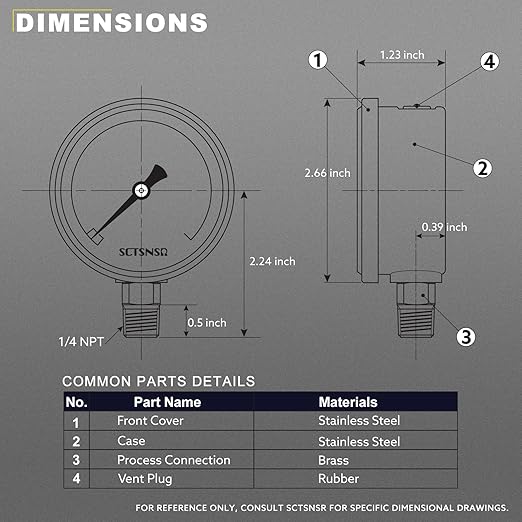 2-1/2" Dial Size, 0-200 Psi Pressure Gauge, Glycerin Liquid Filled, 1/4" NPT Lower Mount, Stainless Steel Case, for Air Compressor, Shock, Water System, Well Pump, Tank, Pipe, Pressure Test