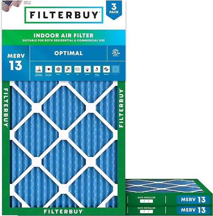 Filterbuy 20x30x1 Air Filter MERV 13 Optimal Smoke & Allergy Defense (3-Pack), Electrostatic Pleated HVAC AC Furnace Filters Replacement, Made in USA (Actual Size: 19.63 x 29.63 x 0.75)