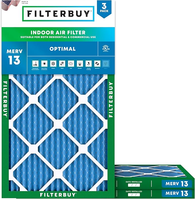 Filterbuy 8x20x1 Air Filter MERV 13 Optimal Smoke & Allergy Defense (3-Pack), Electrostatic Pleated HVAC AC Furnace Filters Replacement, Made in USA (Actual Size: 8.00 x 20.00 x 0.75)