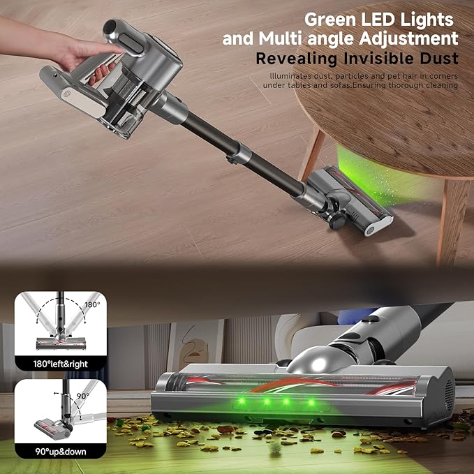 Cordless Stick Vacuum Cleaner - Rechargeable,45Kpa Powerful Suction Vacuum for Home,45Mins Runtime,Detachable Battery,Anti-Tangle, 8 in 1 Lightweight Vacuum for Pet Hair Carpet Hardwood,Silver