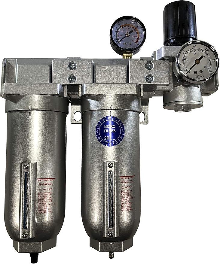 INDUSTRIAL RATED Three Stage Air Drying System - EXTRA LARGE BOWLS- Air Particulate Filter, 0.01 Micron Coalescing Filter & Air Pressure Regulator Modular Combo 1" NPT - Auto Drain, Metal Bowl
