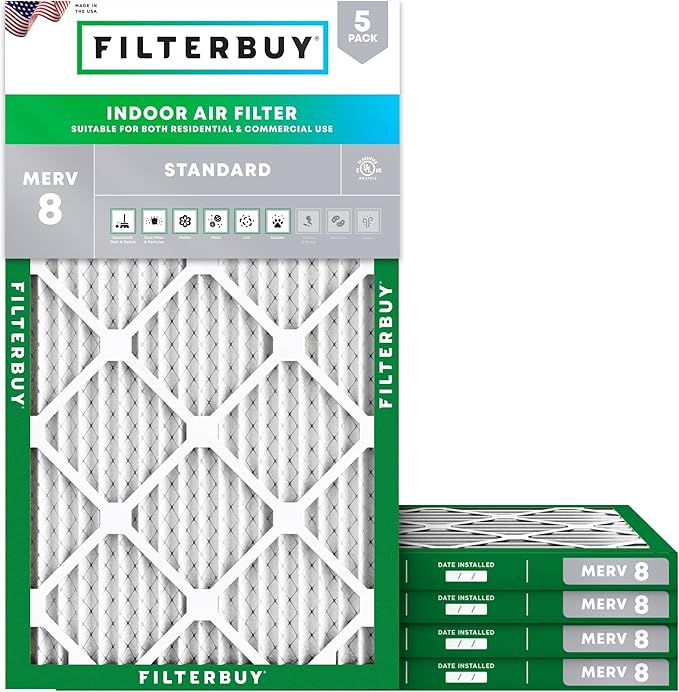 Filterbuy 16x36x1 Air Filter MERV 8 Essential Dust & Allergy Defense (5-Pack), Electrostatic Pleated HVAC AC Furnace Filters Replacement, Made in USA (Actual Size: 15.75 x 35.75 x 0.75)