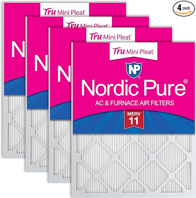 Nordic Pure 25x25x1 (Actual Size: 24 1/2 x 24 1/2 x 3/4) Tru Mini Pleat MERV 11 AC Furnace Air Filters – 2.5X More Media for Extended Durability & Superior Filtration - 4 Pack